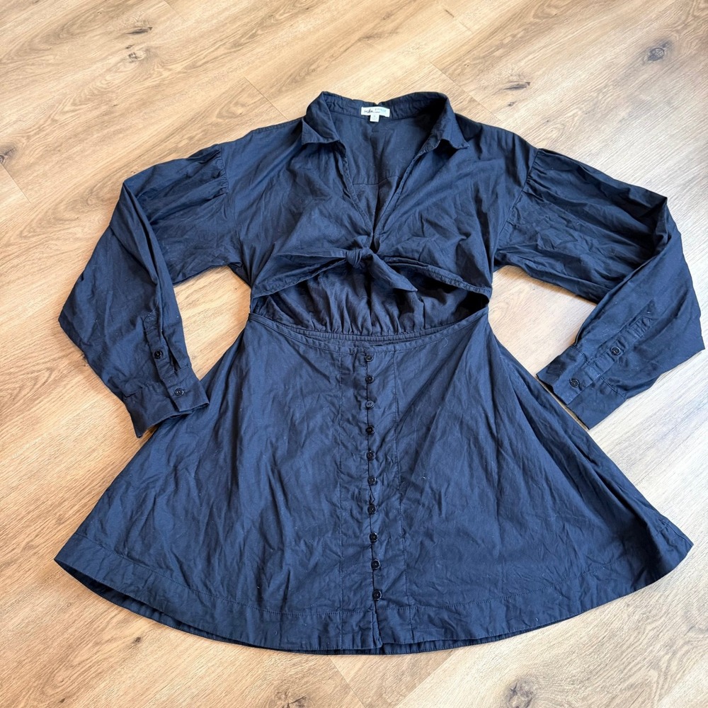 For Love & Lemons Black Organic Cotton Tie Front Cutout Mini Dress Womens Medium - Picture 2 of 9